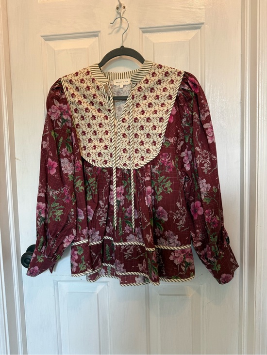 entro Tops - entro Burgundy Floral Peasant Blouse with Cream Bib